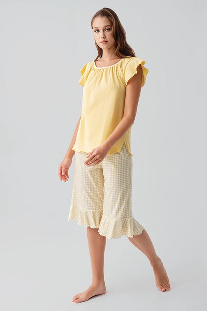 100% Cotton Capri Pajama Set for Women Yellow Short-Sleeve Gingham Check Pattern
