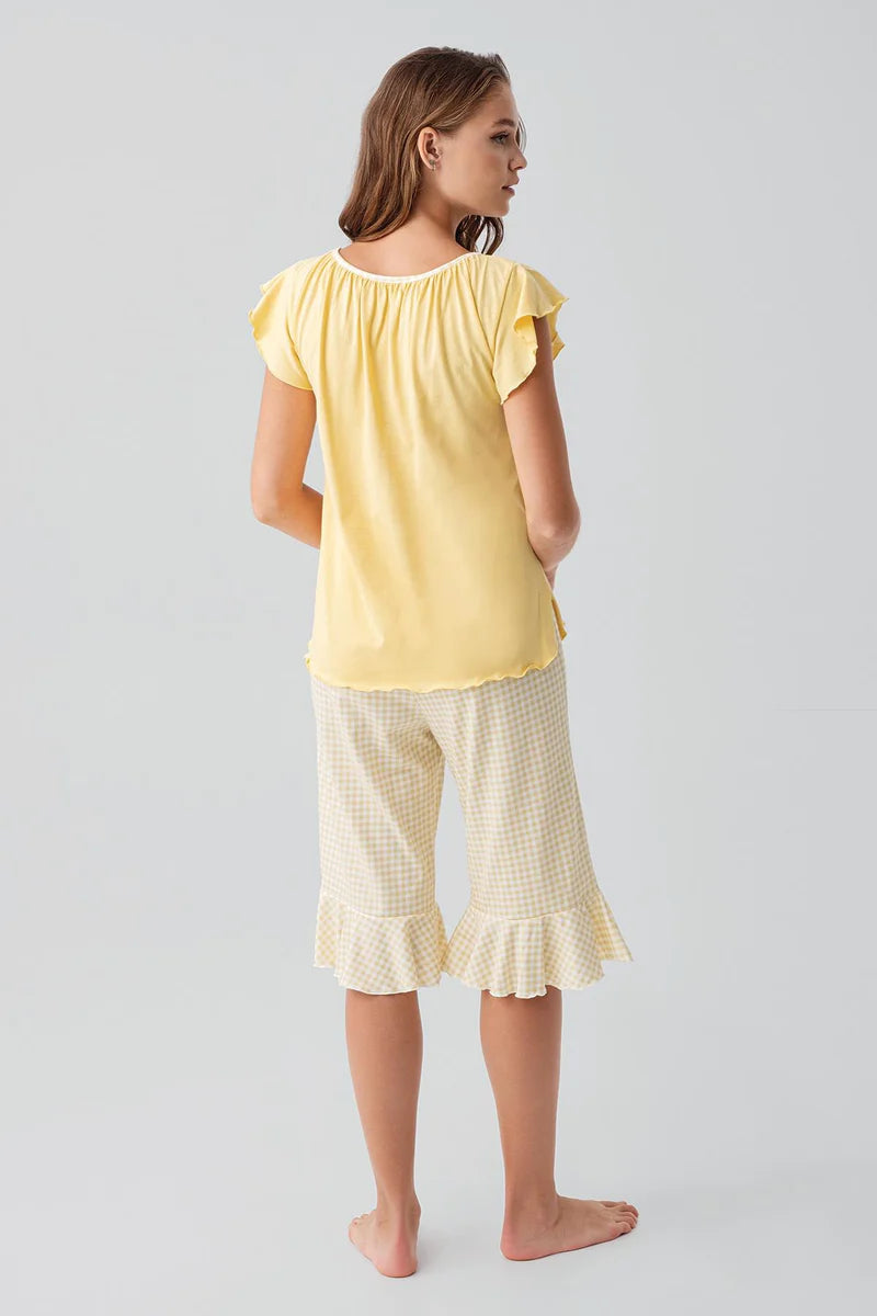 100% Cotton Capri Pajama Set for Women Yellow Short-Sleeve Gingham Check Pattern