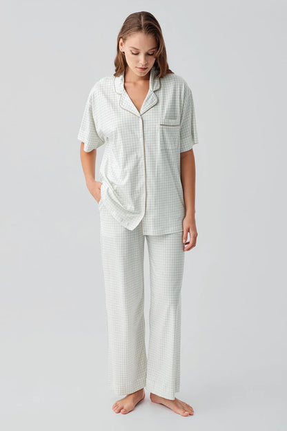100% Cotton Pajama Set for Women Gingham Check Pattern Short-Sleeve Buttoned Pocket - Green