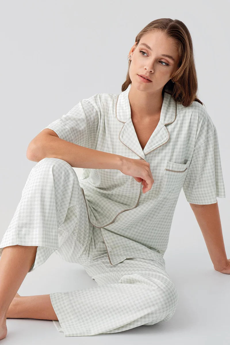 100% Cotton Pajama Set for Women Gingham Check Pattern Short-Sleeve Buttoned Pocket - Green
