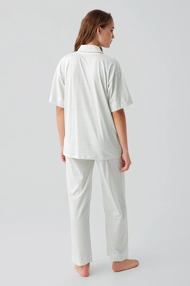 100% Cotton Pajama Set for Women Gingham Check Pattern Short-Sleeve Buttoned Pocket - Green