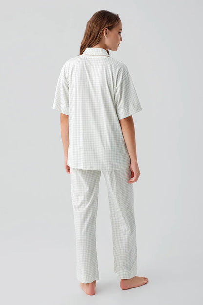 100% Cotton Pajama Set for Women Gingham Check Pattern Short-Sleeve Buttoned Pocket - Green