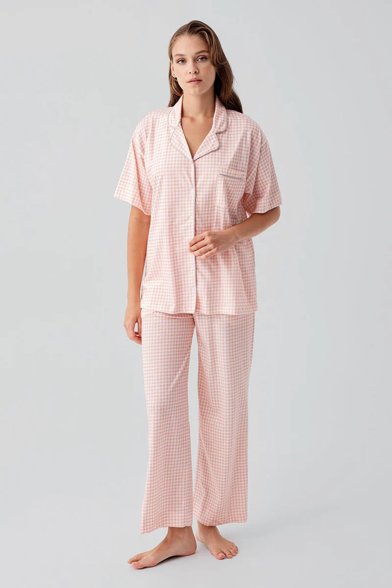 100% Cotton Women's Pajama Set Pink Short-Sleeve Buttoned Pocket Gingham Check Pattern