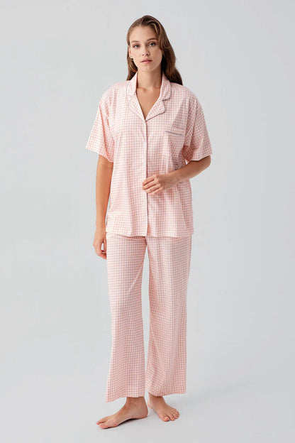 100% Cotton Women's Pajama Set Pink Short-Sleeve Buttoned Pocket Gingham Check Pattern
