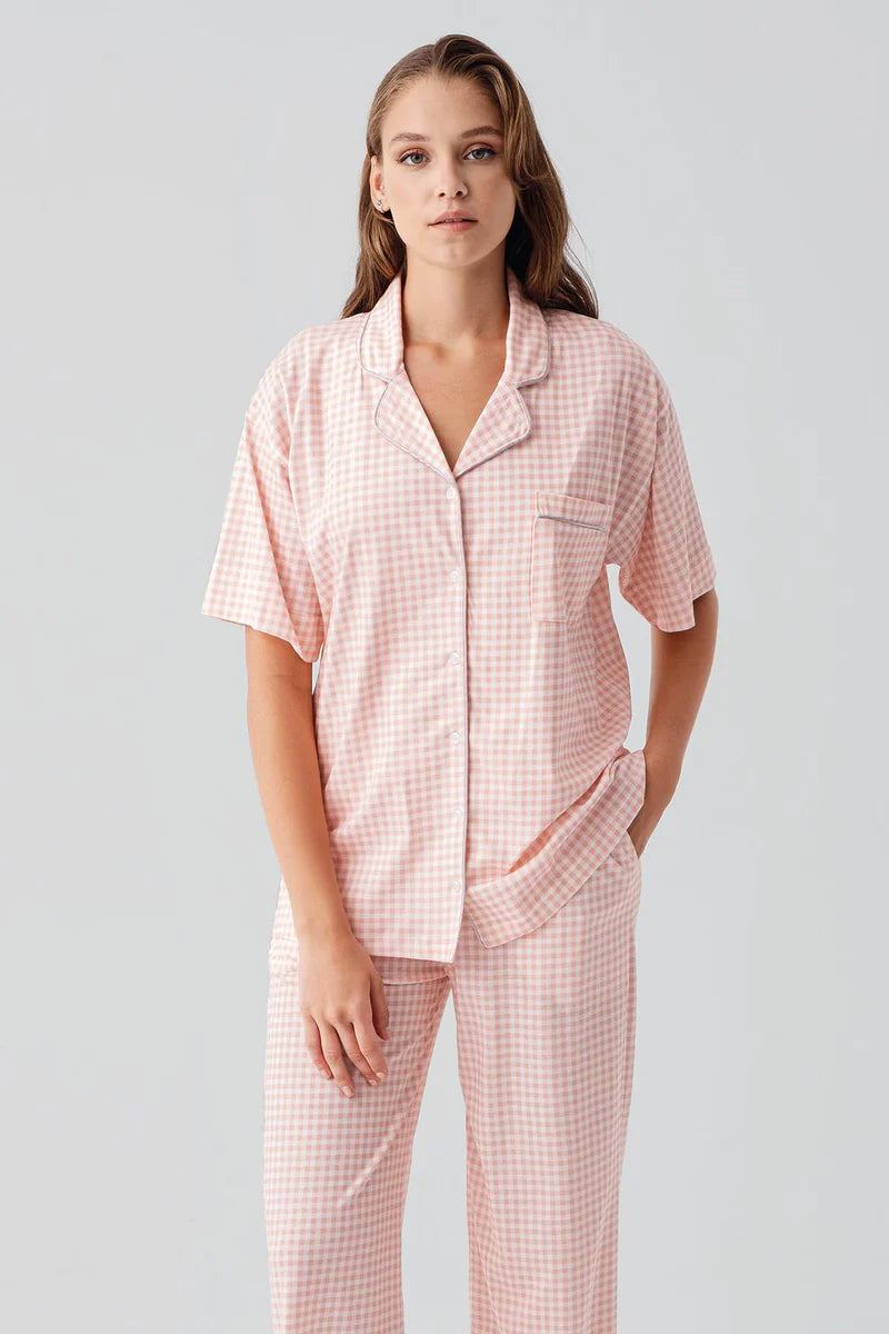 100% Cotton Women's Pajama Set Pink Short-Sleeve Buttoned Pocket Gingham Check Pattern
