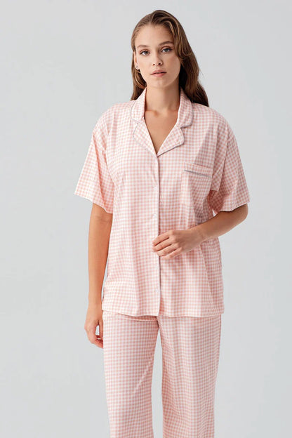 100% Cotton Women's Pajama Set Pink Short-Sleeve Buttoned Pocket Gingham Check Pattern
