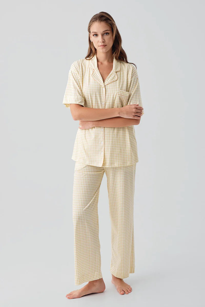 Women's 100% Cotton Pajama Set Yellow Short-Sleeve Buttoned Pocket Gingham Check Pattern