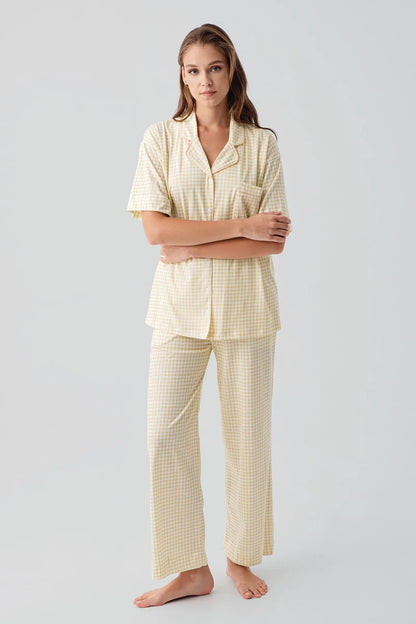 Women's 100% Cotton Pajama Set Yellow Short-Sleeve Buttoned Pocket Gingham Check Pattern