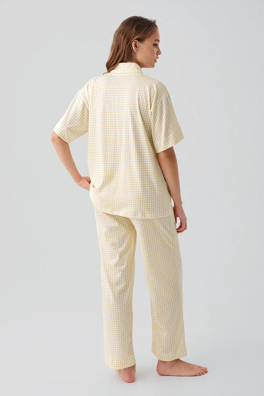 Women's 100% Cotton Pajama Set Yellow Short-Sleeve Buttoned Pocket Gingham Check Pattern