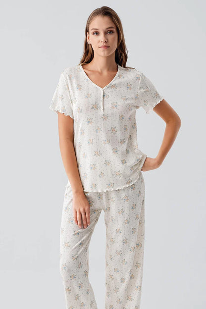 100% Cotton Pajama Set Crochet-Detail Short-Sleeve Floral Pattern Buttoned - Ecru