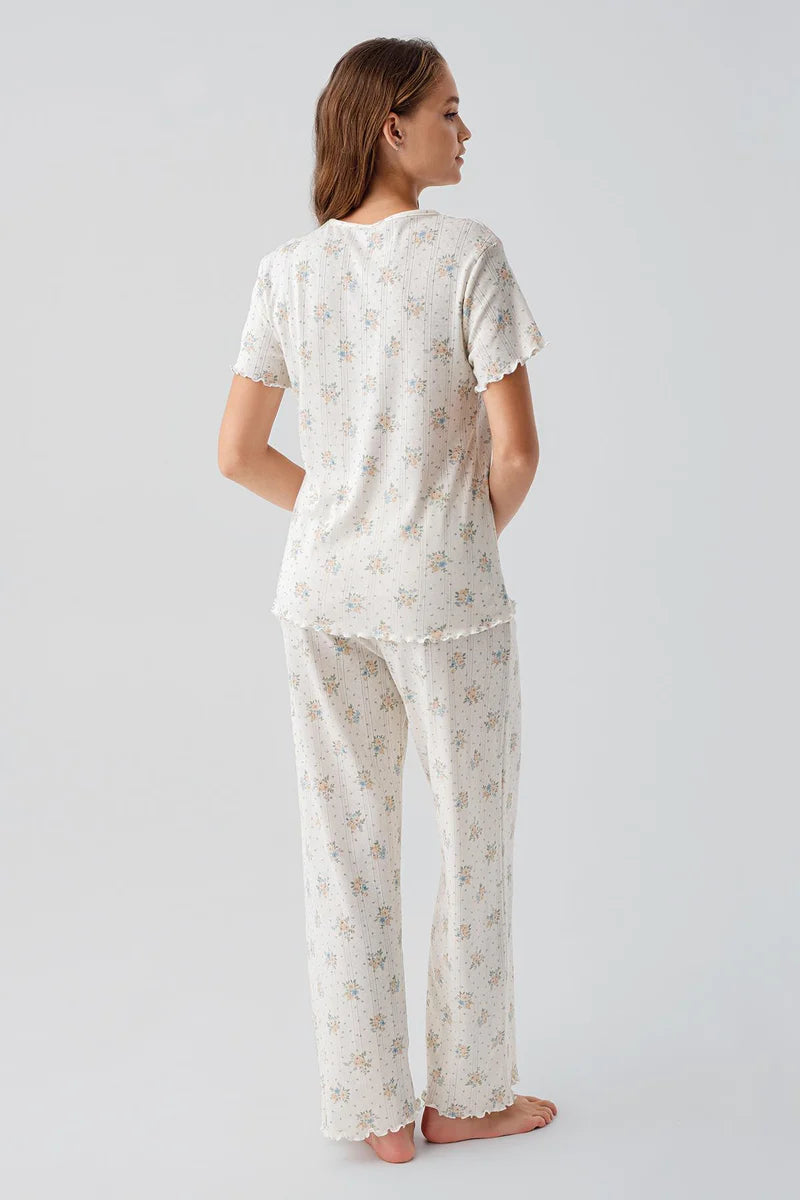 100% Cotton Pajama Set Crochet-Detail Short-Sleeve Floral Pattern Buttoned - Ecru