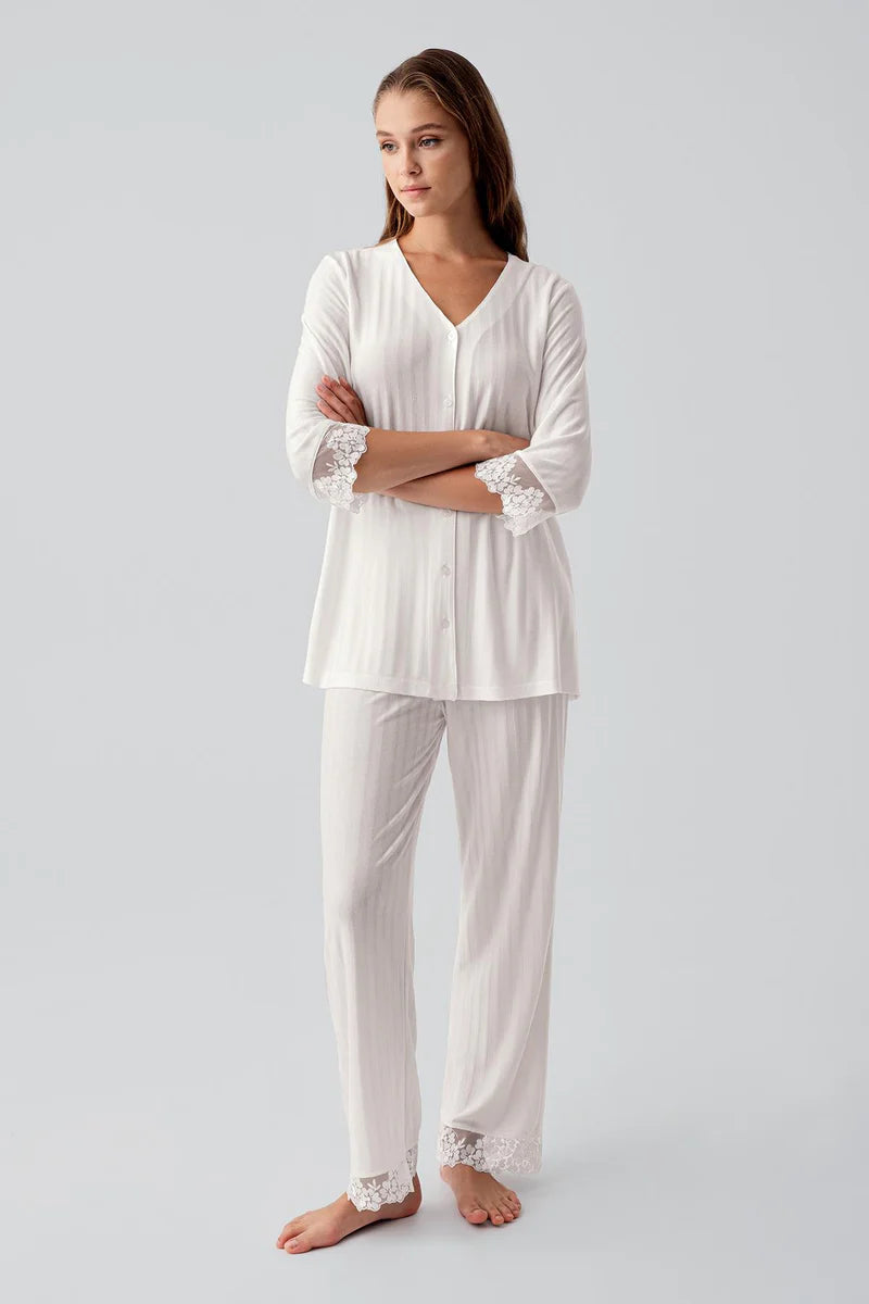 Women's Lace-Detail Pajama Set Viscose Long-Sleeve Buttoned Flexible - Ecru