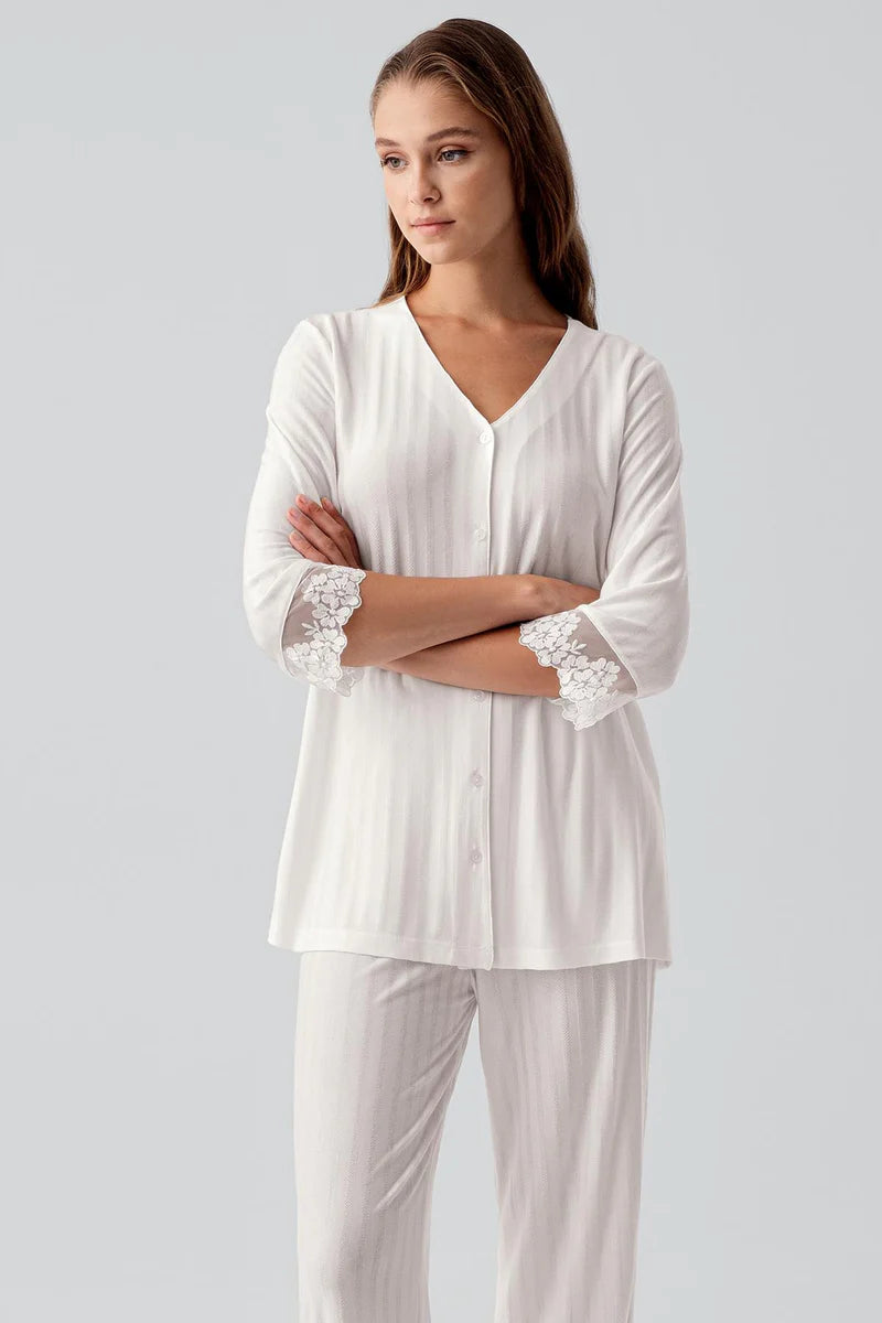Women's Lace-Detail Pajama Set Viscose Long-Sleeve Buttoned Flexible - Ecru