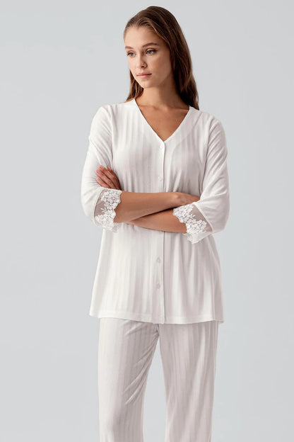 Women's Lace-Detail Pajama Set Viscose Long-Sleeve Buttoned Flexible - Ecru