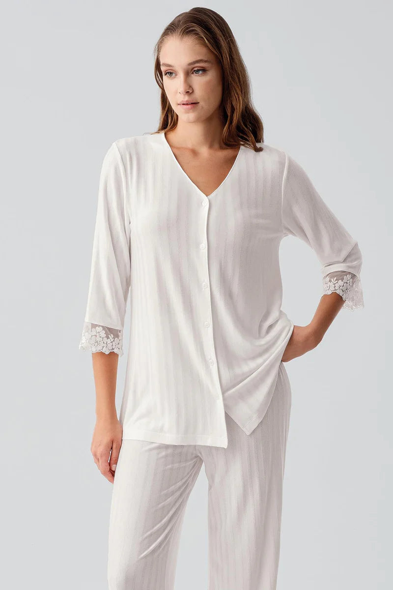 Women's Lace-Detail Pajama Set Viscose Long-Sleeve Buttoned Flexible - Ecru
