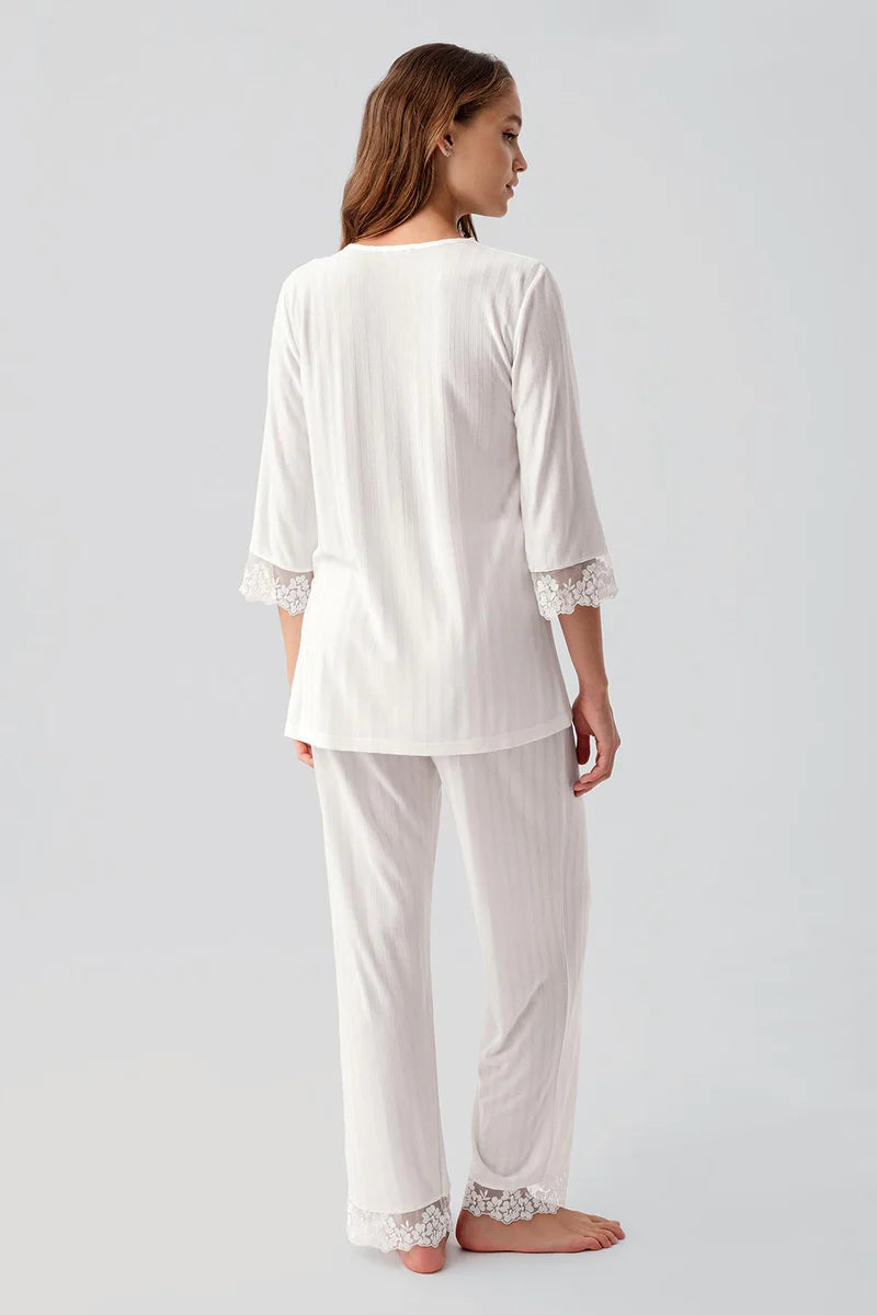 Women's Lace-Detail Pajama Set Viscose Long-Sleeve Buttoned Flexible - Ecru