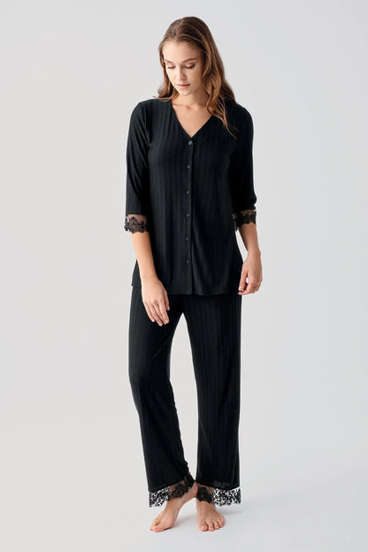 Lace-Detail Pajama Set for Women Long-Sleeve Buttoned Flexible Viscose - Black