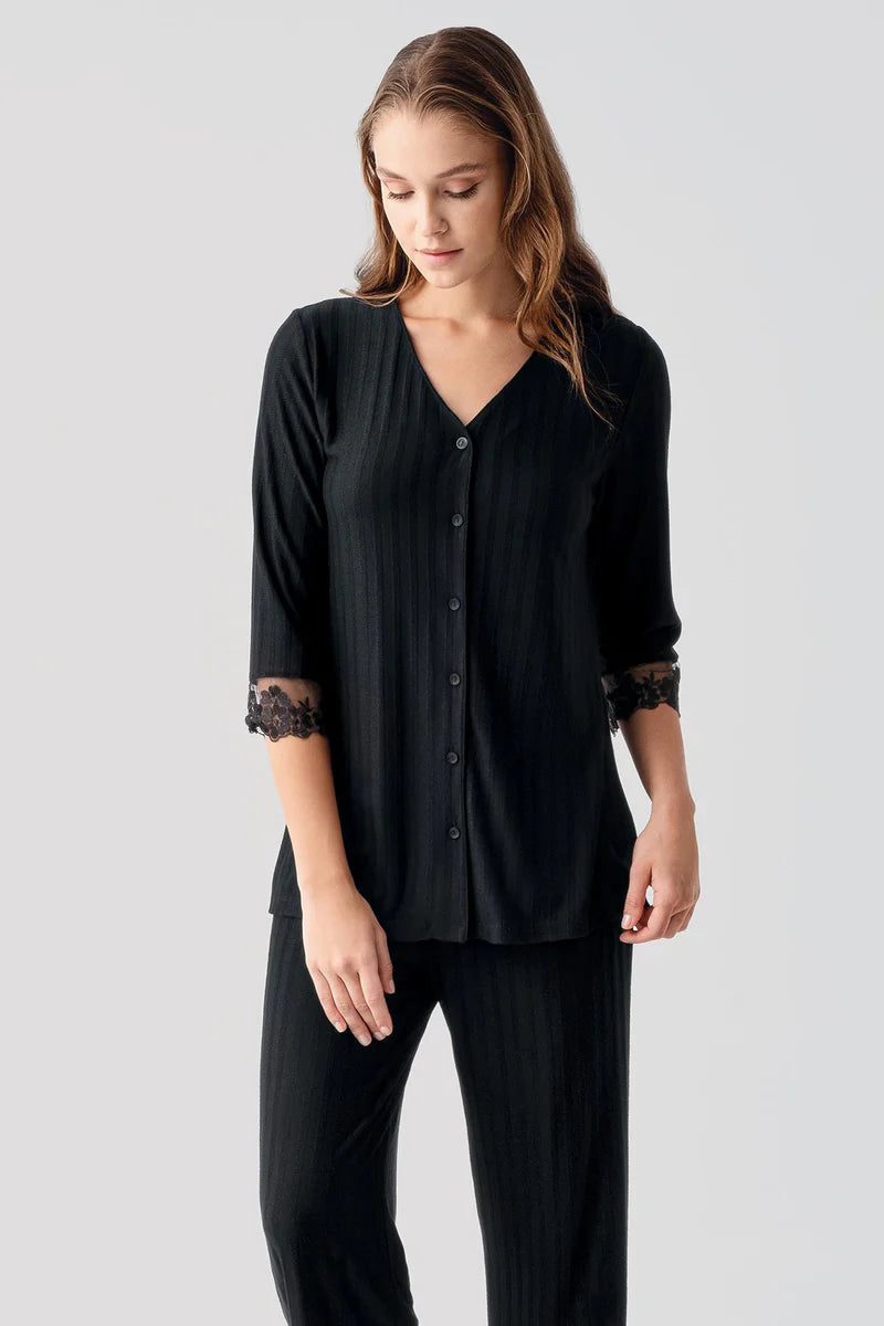 Lace-Detail Pajama Set for Women Long-Sleeve Buttoned Flexible Viscose - Black