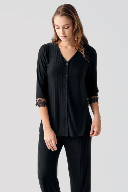 Lace-Detail Pajama Set for Women Long-Sleeve Buttoned Flexible Viscose - Black