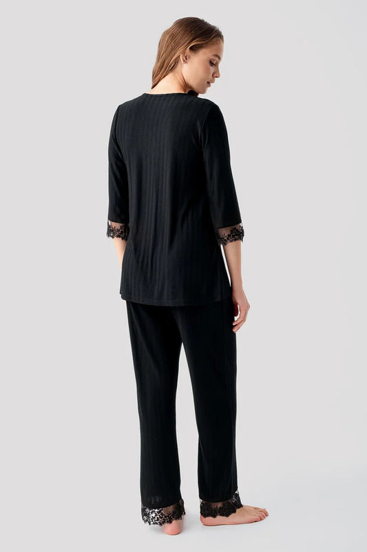 Lace-Detail Pajama Set for Women Long-Sleeve Buttoned Flexible Viscose - Black