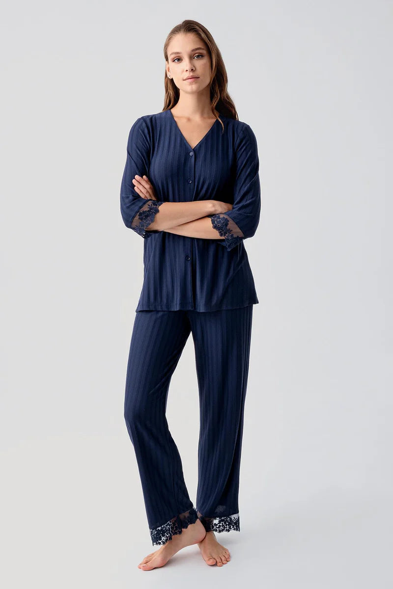 Women's Short-Sleeve Pajama Set Lace-Detail Buttoned Flexible Viscose - Navy Blue