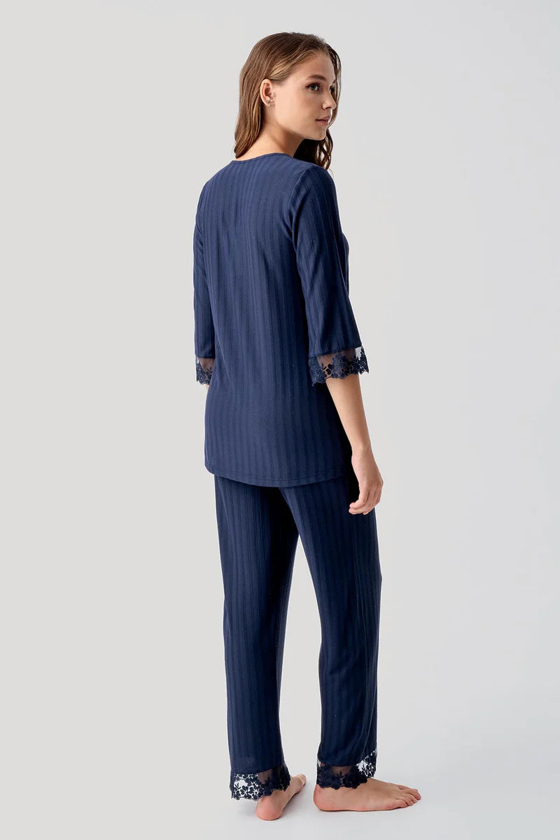 Women's Short-Sleeve Pajama Set Lace-Detail Buttoned Flexible Viscose - Navy Blue