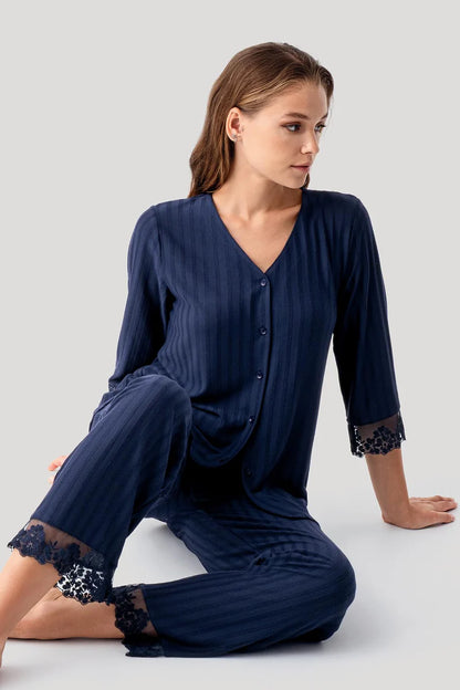 Women's Short-Sleeve Pajama Set Lace-Detail Buttoned Flexible Viscose - Navy Blue