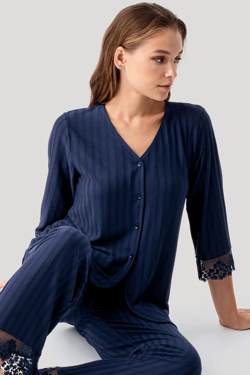 Women's Short-Sleeve Pajama Set Lace-Detail Buttoned Flexible Viscose - Navy Blue