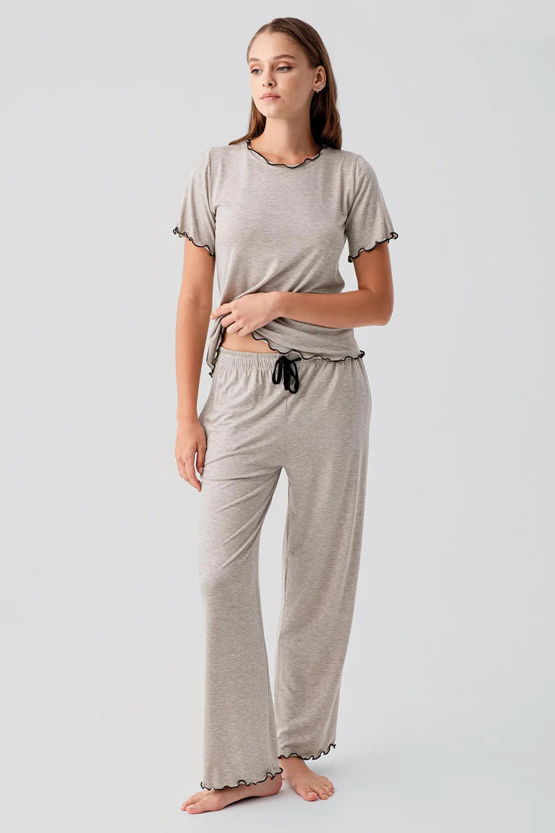 Viscose Ruffle-Detail Short-Sleeve Comfortable Pajama Set for Women - Beige Melange