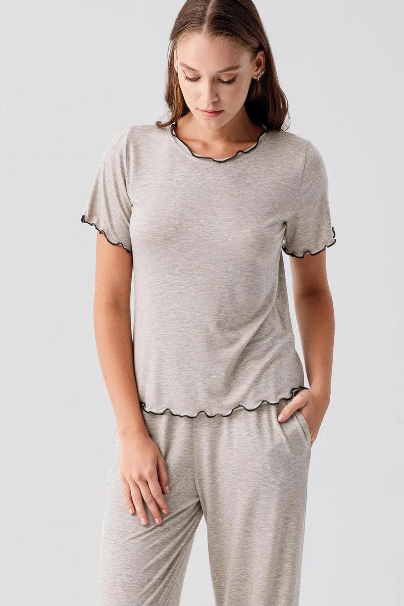Viscose Ruffle-Detail Short-Sleeve Comfortable Pajama Set for Women - Beige Melange
