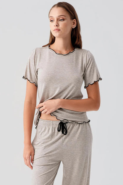 Viscose Ruffle-Detail Short-Sleeve Comfortable Pajama Set for Women - Beige Melange