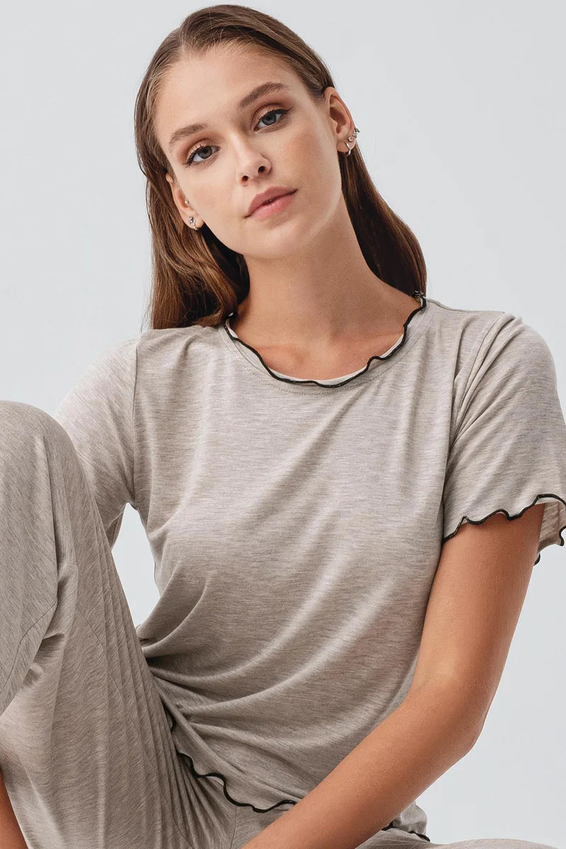 Viscose Ruffle-Detail Short-Sleeve Comfortable Pajama Set for Women - Beige Melange