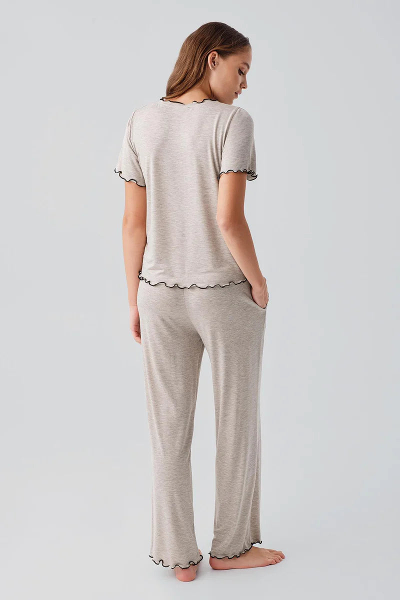 Viscose Ruffle-Detail Short-Sleeve Comfortable Pajama Set for Women - Beige Melange
