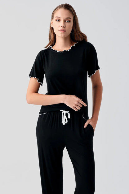 Women's Viscose Pajama Set Ruffle-Detail Short-Sleeve Comfortable Black