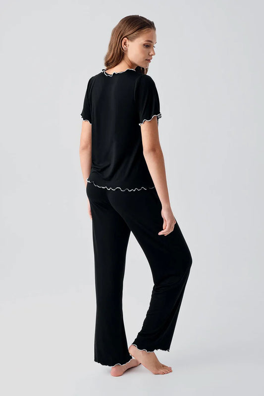 Women's Viscose Pajama Set Ruffle-Detail Short-Sleeve Comfortable Black