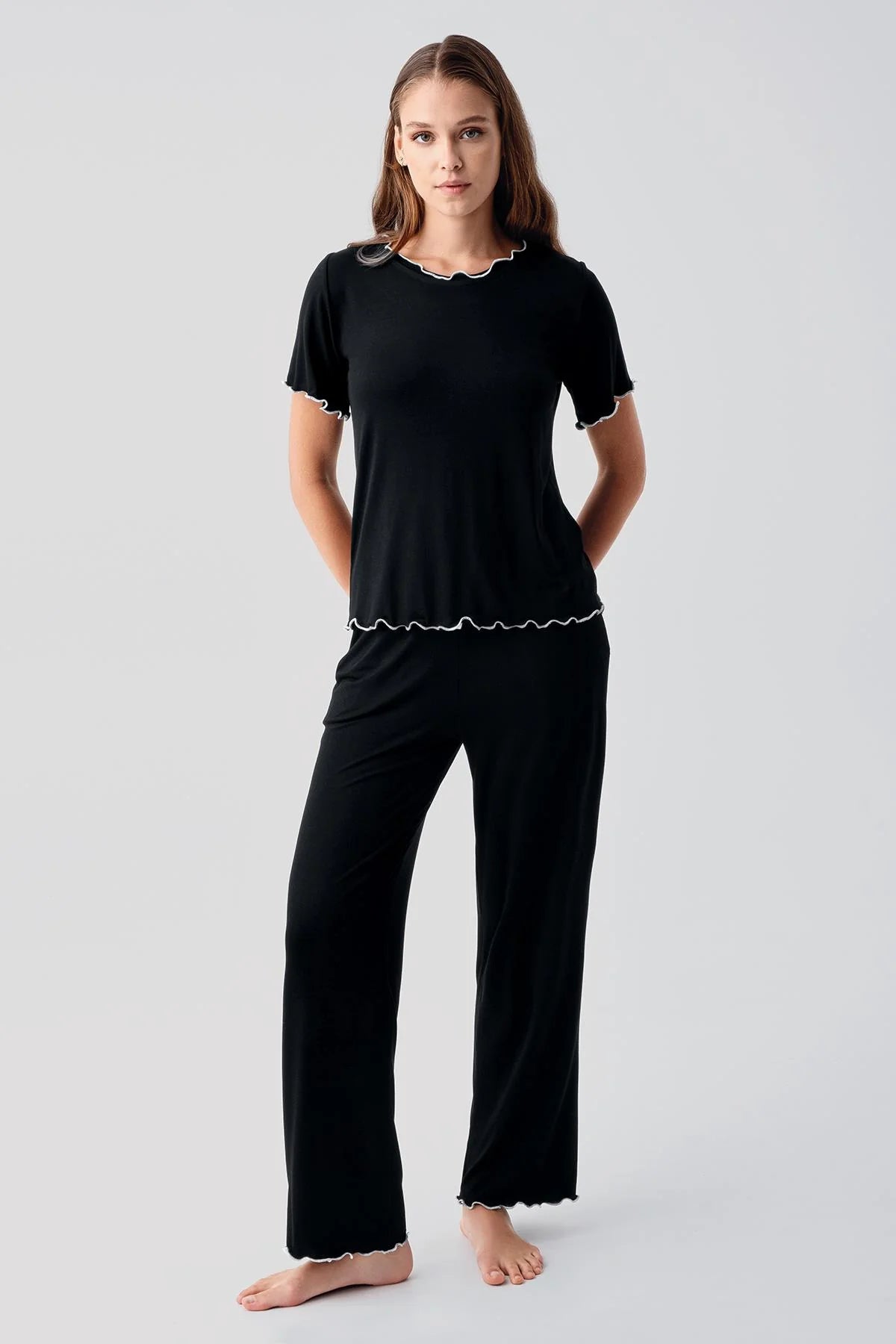 Women's Viscose Pajama Set Ruffle-Detail Short-Sleeve Comfortable Black