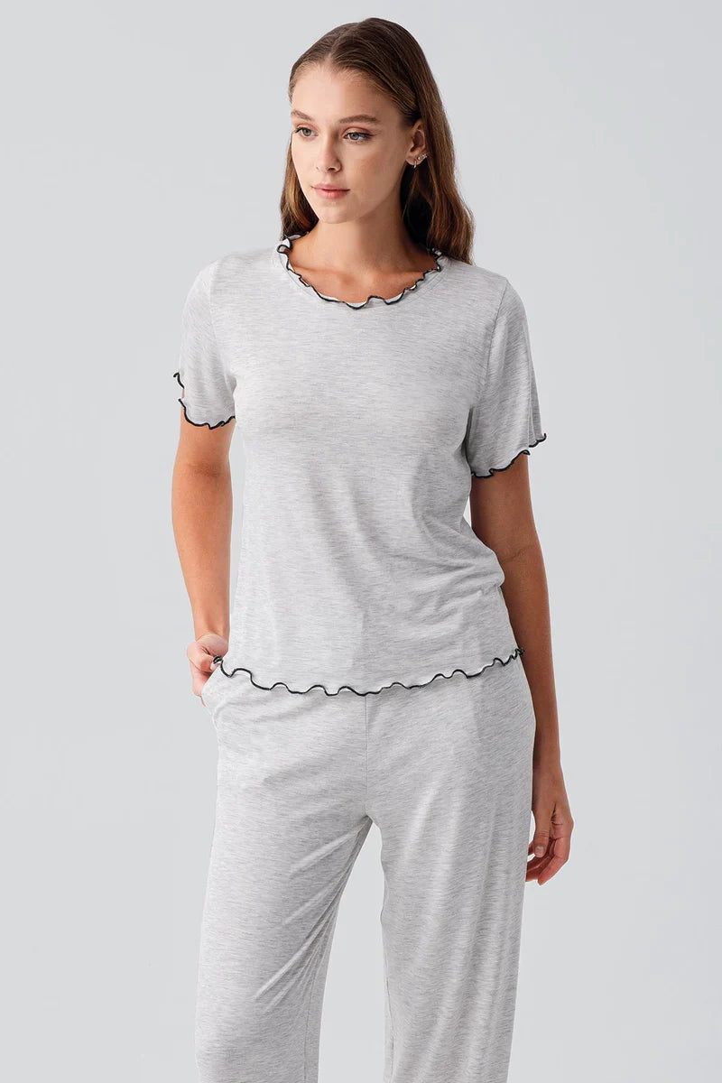 Viscose Pajama Set for Women Short-Sleeve Ruffle-Detail Comfortable - Gray Melange