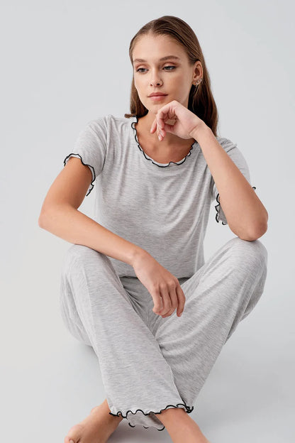Viscose Pajama Set for Women Short-Sleeve Ruffle-Detail Comfortable - Gray Melange