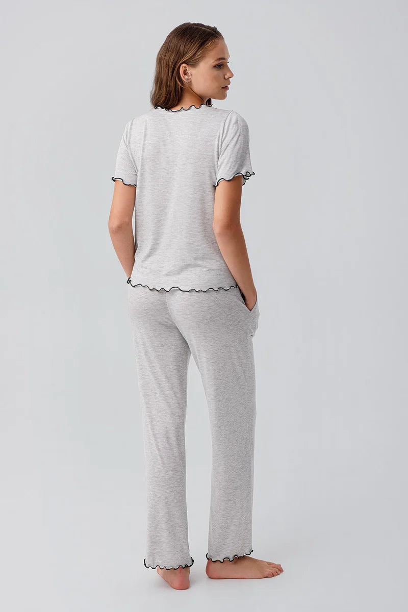 Viscose Pajama Set for Women Short-Sleeve Ruffle-Detail Comfortable - Gray Melange