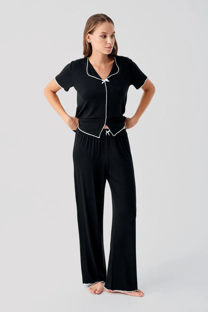 Women's Viscose Pajama Set Short-Sleeve Bow-Detail - Black