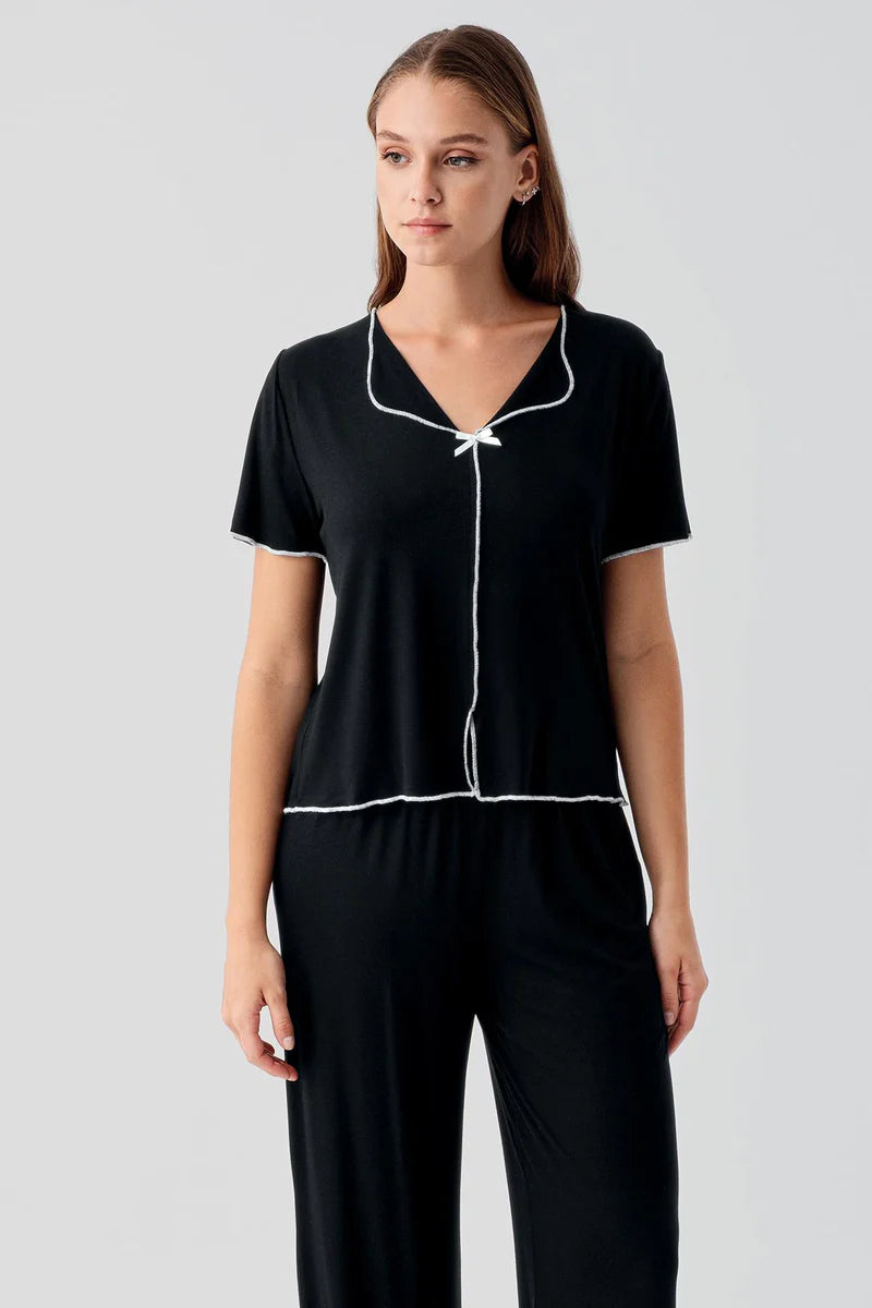 Women's Viscose Pajama Set Short-Sleeve Bow-Detail - Black