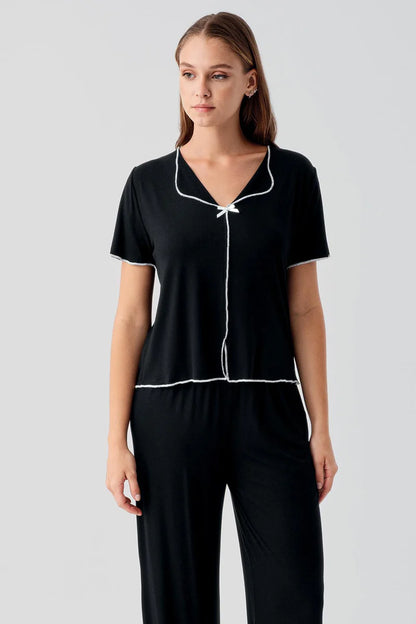 Women's Viscose Pajama Set Short-Sleeve Bow-Detail - Black
