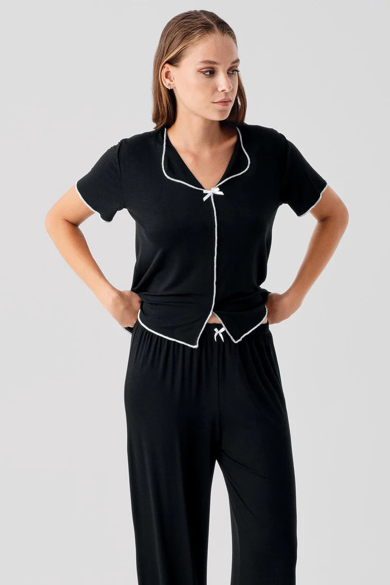 Women's Viscose Pajama Set Short-Sleeve Bow-Detail - Black