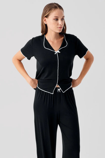Women's Viscose Pajama Set Short-Sleeve Bow-Detail - Black