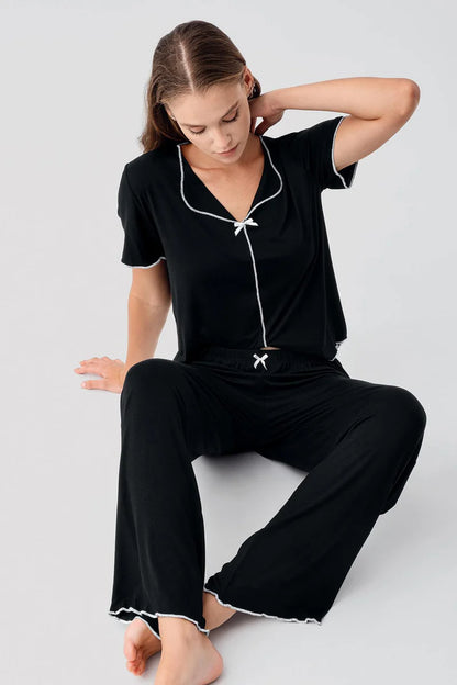 Women's Viscose Pajama Set Short-Sleeve Bow-Detail - Black
