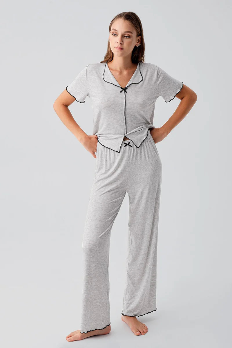 Women's Short-Sleeve Bow-Detail Viscose Pajama Set - Gray Melange