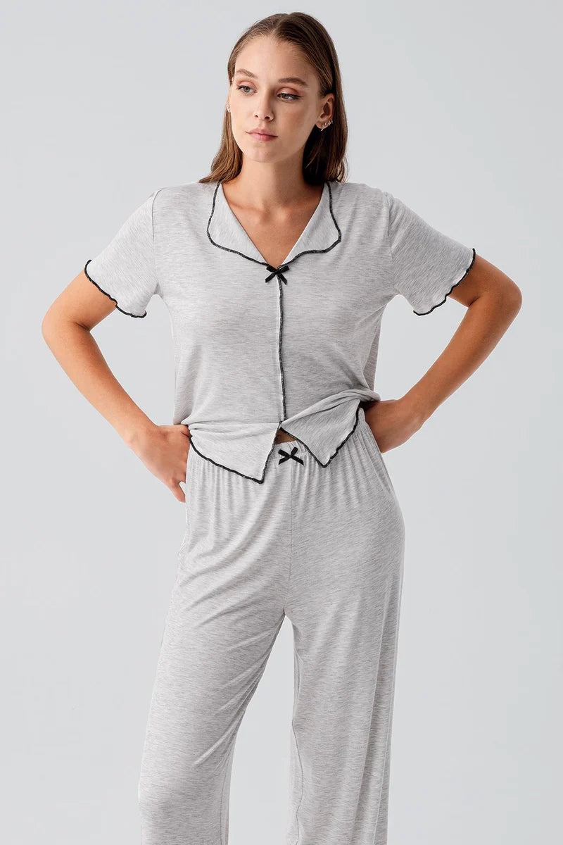 Women's Short-Sleeve Bow-Detail Viscose Pajama Set - Gray Melange