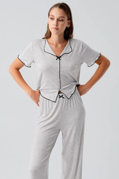 Women's Short-Sleeve Bow-Detail Viscose Pajama Set - Gray Melange