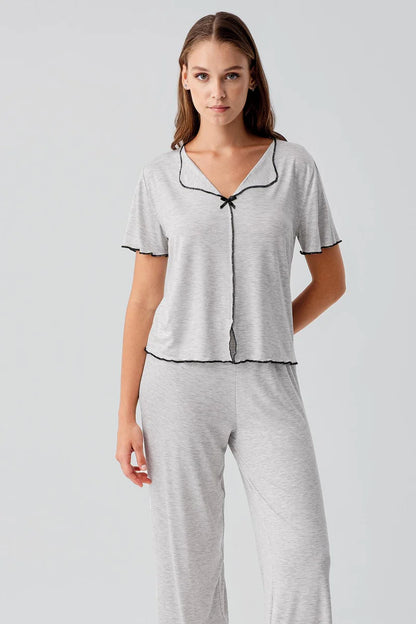 Women's Short-Sleeve Bow-Detail Viscose Pajama Set - Gray Melange