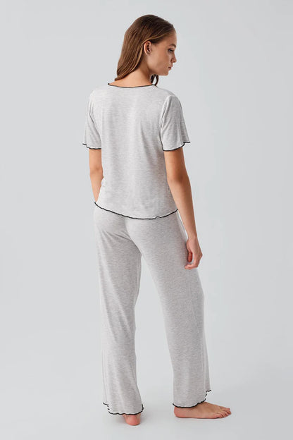 Women's Short-Sleeve Bow-Detail Viscose Pajama Set - Gray Melange